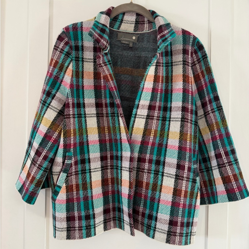 Anthropologie Rosetta cropped plaid Colorful Knit jacket. Three-quarter sleeve. - Picture 2 of 10